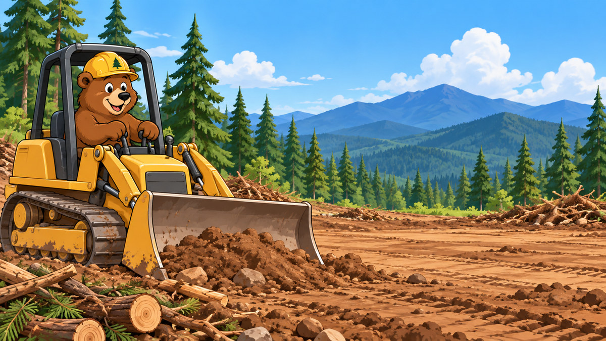 Long Branch bear mascot in a bulldozer preparing a mountain homesite